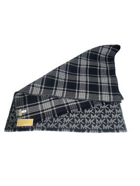 Michael Kors Winter Scarf Plaid Logo Reversible Fringed OS Black Gray New